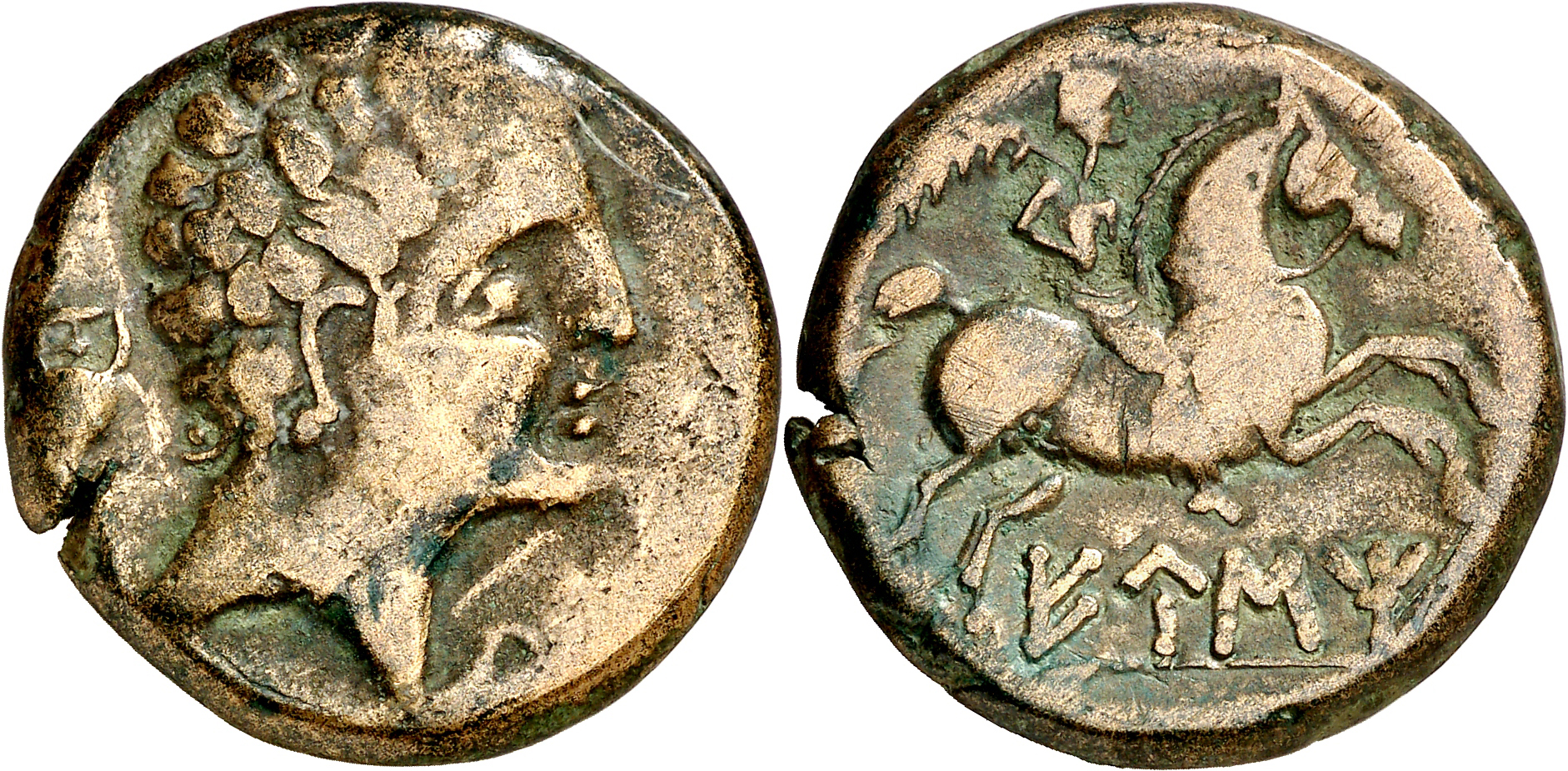 Eustibaikula - Eusti As. Cabeza masculina a derecha sin torcas, detrás ánfora/ Jinete con palma a derecha, debajo leyenda EUSTI núm. 2. Emisiones de la segunda mitad del s. II ac, ACIP 1318 1262