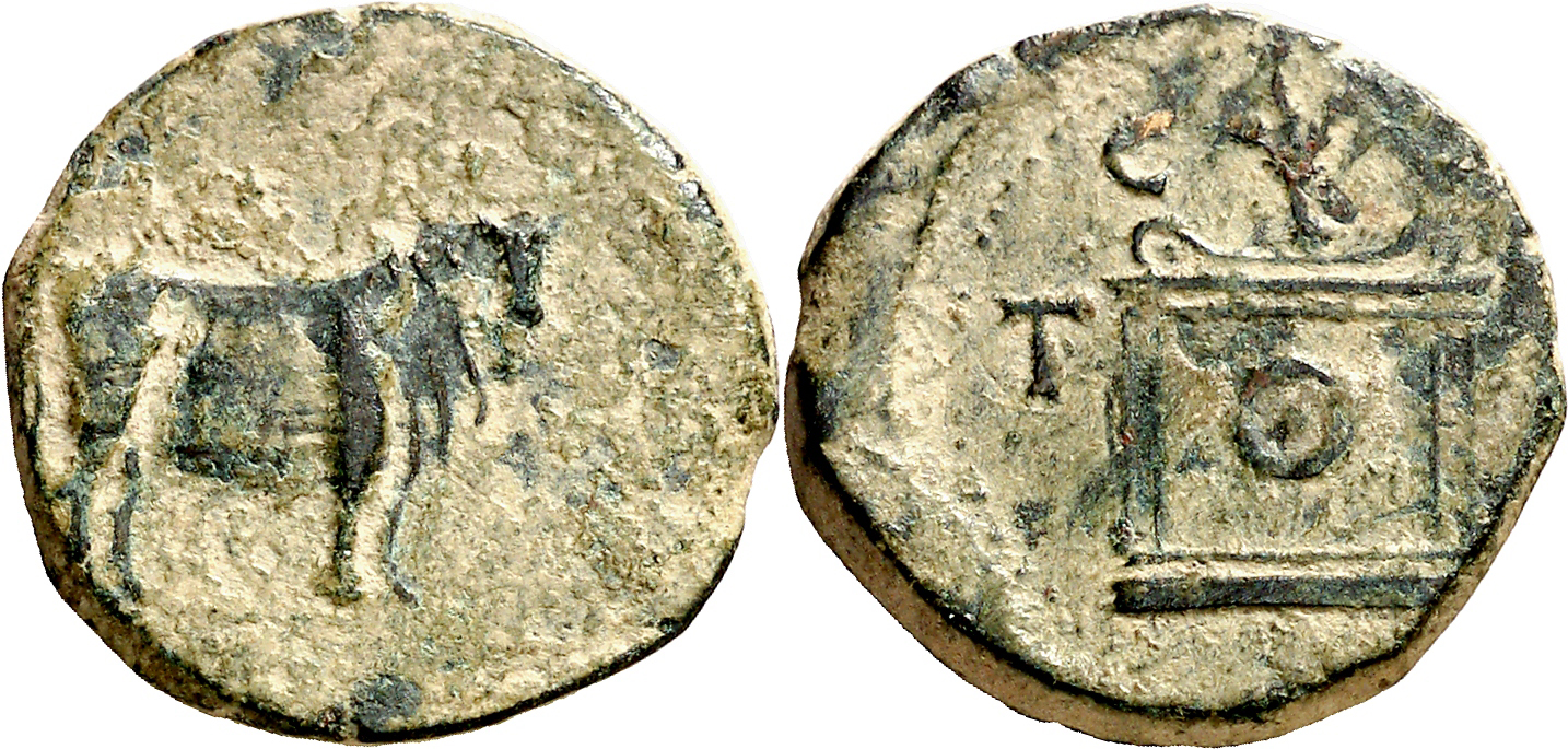 Tarraco. Semis. Toro mitrado parado a derecha/ Ara con palma, C V T T. Emisiones en tiempos de Tiberio dedicadas a Augusto divinizado, posteriores al 15 dc. ACIP 3271 1415